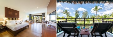 Hotel room with a balcony looking out into greenery