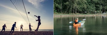 People kayaking and playing beach volleyball