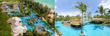 Pool area and an aerial view of a resort