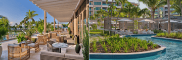 Terrace at Riva, cabanas and lazy river pool