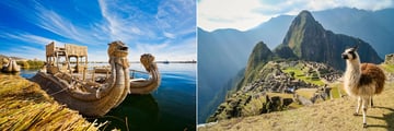 Boat by the Uros floating islands and an llama at Machu Picchu