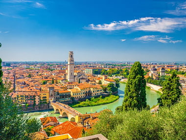 Verona's skyline with trees and the Adige River in the foreground