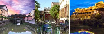 Highlights of Vietnam and Cambodia; Sunset over a Japaneese bridge, Motos en Hoi An, Imperial Royal Palace of Nguyen Dynasty in Hue  