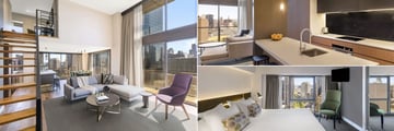 Three Bedroom Penthouse Living Room, Two Bedroom Penthouse Kitchen and Three Bedroom Penthouse Bedroom at Adina Apartment Hotel Melbourne