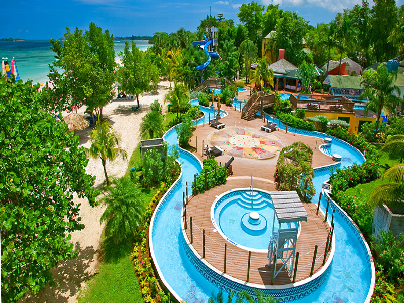 Aerial view of Pirates Island waterpark at Beaches Negril Resort and Spa