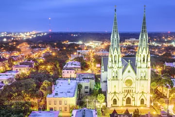 Aerial view of Savannah at night