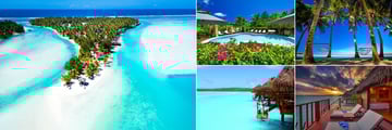 Aitutaki Lagoon Resort & Spa, (clockwise from left): Aerial View of Motu Akitua, Pool Area, Hammocks, Overwater Bungalow Deck and Honeymooners Overwater Bungalow