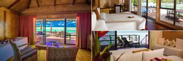 Aitutaki Lagoon Resort & Spa, (clockwise from left): Deluxe Beachfront Bungalow, Beachfront Bungalow and Overwater Bungalow