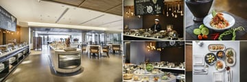 Akyra Thonglor Bangkok, (clockwise from left): Som Tam & Chardonnay Restaurant Breakfast, Buffet Selection, Som Tam, Lunch Table and Salad Selection