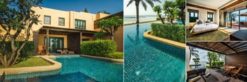 Aleenta Hua Hin Pranburi Resort & Spa, (clockwise from left): Frangipani Residence Exterior, Frangipani Suite Pool Access, Frangipani Residence Bedroom and Frangipani Suite Terrace