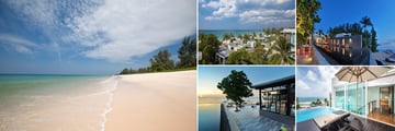Aleeta Phuket Hotel; Beach, Exterior looking onto the beach,Infinity Pool at night, One Bedroom Residence Deck, The Edge Restaurant (shown clockwise) , 
