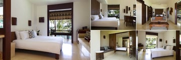 Alila Manggis, Deluxe Bedroom (left), Superior Bedroom and Suite (top left and right), Seaside Suite and Bedroom (bottom left and right)