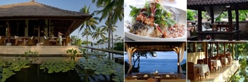 Alila Manggis, (clockwise from left): Seasalt Restaurant, Dinner Option, Bali Aga Dining Experience, Seasalt Restaurant and Dining by the Sea
