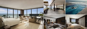 Alila Seminyak, (clockwise from left): Penthouse Master Bedroom, Terrace, Pool, Second Bedroom and Living Area