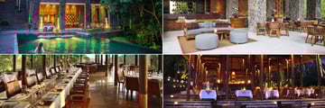 Alila Ubud, (clockwise from top left): Cabana Lounge Pool, Cabana Lounge, Plantation Restaurant at Night and Plantation Restaurant Dining Room