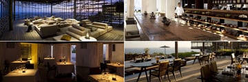 Alila Villas Uluwatu, (clockwise from top left): Interior of the Sunset Cabana, The Warung Restaurant, Cire Restaurant and Cire Wine Room
