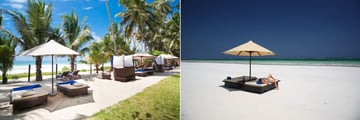 Beach Sun Loungers and Almanara Beach at Almanara Luxury Resort
