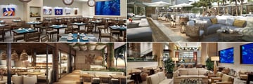Alohilani Resort Waikiki Beach, (clockwise from top left): Lychee Seating Area, Pool Deck Seaing, Oceanarium and Bar and Morimoto Asia Waikiki 
