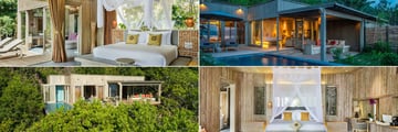 Beach Pool Villa (top left and right), Bay View Pool Villa (bottom right) and Treetop Pool Villa (bottom left), at An Lam Retreats Ninh Van Bay