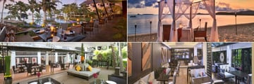 Anantara Bophut Koh Samui Resort, (clockwise from top left): Full Moon Restaurant, Dining by Design on the Beach, Eclipse Bar and High Tide Restaurant