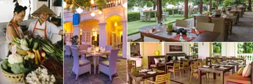 Anantara Hoi An, (clockwise from left): Spice Spoons Cooking Class, Riverside Restaurant, Riverside Restaurant Terrace and Lanterns