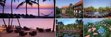 Anantara Hua Hin Resort, (clockwise from top left): Beach Sunset, Lagoon, Lagoon Pool, Aerial View of Resort, Lagoon Pool and Sai Thong Beachfront Dining