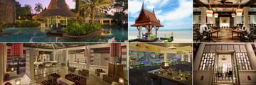 Anantara Hua Hin Resort, (clockwise from top left): Loy Nam Pool Bar, Seafront Dining Sala, Baan Thalia, Sala Siam Wine Cellar, Rim Nam Thai Restaurant and Sala Siam