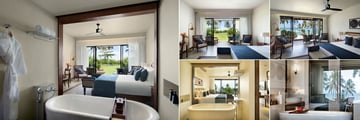 Anantara Peace Haven Tangalle Resort, (clockwise from left): Premier Beach Access Room, Premier Beach Access Room, Premier Ocean View Room, Premier Ocean View Room Bathroom and Deluxe Ocean View Room
