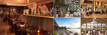 Bushman's Restaurant & Bar (far left), The Beach House (top and bottom left), Crescendo (top right), and Revo Cafe (bottom right) at Anantara The Palm