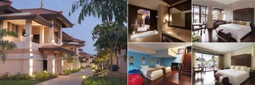 Room exterior (left), Premier Lagoon View (top left), Deluxe Lagoon View (top right), Premier Lagoon Access (bottom right), and Deluxe Family Lagoon Access Room (bottom left) at Anantara The Palm