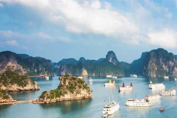 Ships anchored along Halong Bay