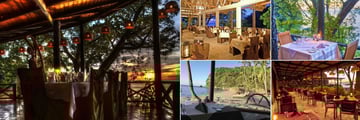 Anse Chastanet, (clockwise from left): Emeralds Restaurant, Treehouse Restaurant Interior and Balcony, Apsara Restaurant and Trou Au Diable - Beach Restaurant