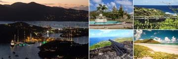 Antigua English Harbour by night, Independance Square Basseterre, St Kitts Scenic Railway, Sandy Bank Bay St Kitts, Brimstone Hill Fortress  