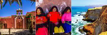 Arequipa architecture (left), locals near Titicaca (middle), and Paracas National Park