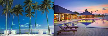 Beach cabanas and infinity pool at Atmosphere Kanifushi
