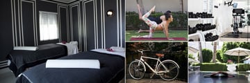 Avalon Hotel Palm Springs, (clockwise from left): Spa Treatment Room, Yoga, Fitness Centre, Table Tennis and Cycling