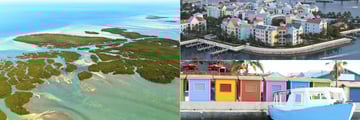 Aerial of Bahamas and colourful buildings