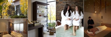 Balgownie Estate Vineyard Resort & Spa, (clockwise from top left): Natskin Day Spa - Exterior, Products, Hot Tub, Treatment Room and Couples Treatment Room 
