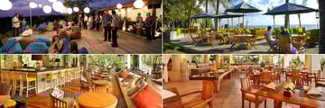 Clockwise from top left: Altitude Rooftop, Barong Patio, Celagi Restaurant and Suling Club Lounge at Bali Mandira
