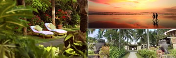 The tropical gardens and beach at Bali Mandira
