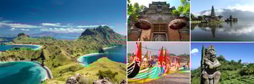 Bali; Komado National Park, Balinese Temple, Hindu Temple on Lake Bratan, Ancient Balinese Statue in Rice Fields, fishign boats on Jumbaran Beach  
