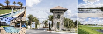 Balmoral Resort Homes, (clockwise from top left): The Clubhouse Fountain, Resort Entrance, Beach, Water Views, Home Lanai and Pool