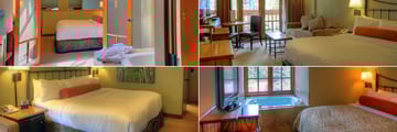 Banff Caribou Lodge, (clockwise from top left): Mountain Loft Jacuzzi Suite, Superior King Room, Corner Loft Suite and Standard King Room