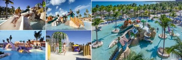 Barcelo Maya Palace (clockwise from top left): Barcy Water Park Slide, Barcy Water Park Slide, Aerial View of Barcy Water Park, Barcy Water Park Rainshower and Pirates Island 
