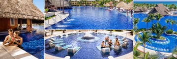 Barcelo Maya Palace, (clockwise from left): Swim Up Pool Bar, Pool Water Jet Spray, Aerial Pool Shot and Pool Loungers