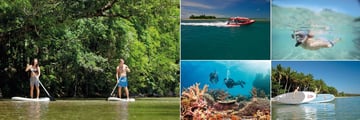 Bay Villas Resort, Port Douglas, (clockwise from left): Paddleboarding, Tours, Scuba, Surfing and Reef Diving Activities 