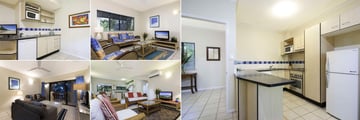 Bay Villas Resort, Port Douglas, Studio Kitchen, One Bedroom Apartment Living Area, Three Bedroom Apartment Kitchen, Three Bedroom Apartment Living Area and Two Bedroom Apartment Living Area