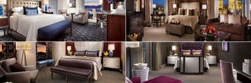 Bellagio, (clockwise from top left): King Room Indigo, Salone Suite, Two Bedroom Grand Lake View Suite and Tower Two Bedroom Suite