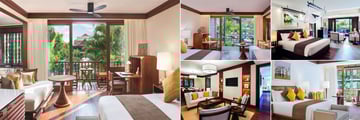 Belmond La Residence D'Angkor, (clockwise from left): Poolside Junior Suite, Garden Junior Suite, Deluxe Studio Suite and One Bedroom Poolside Suite Bedroom and Lounge