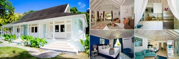 Bequia Plantation Hotel, Beach Front Suite Exterior (left), Beach Front Villa Bedroom (top left), Kitchen (top right), Living Room (bottom right) and Main House Garden View Room (bottom left)